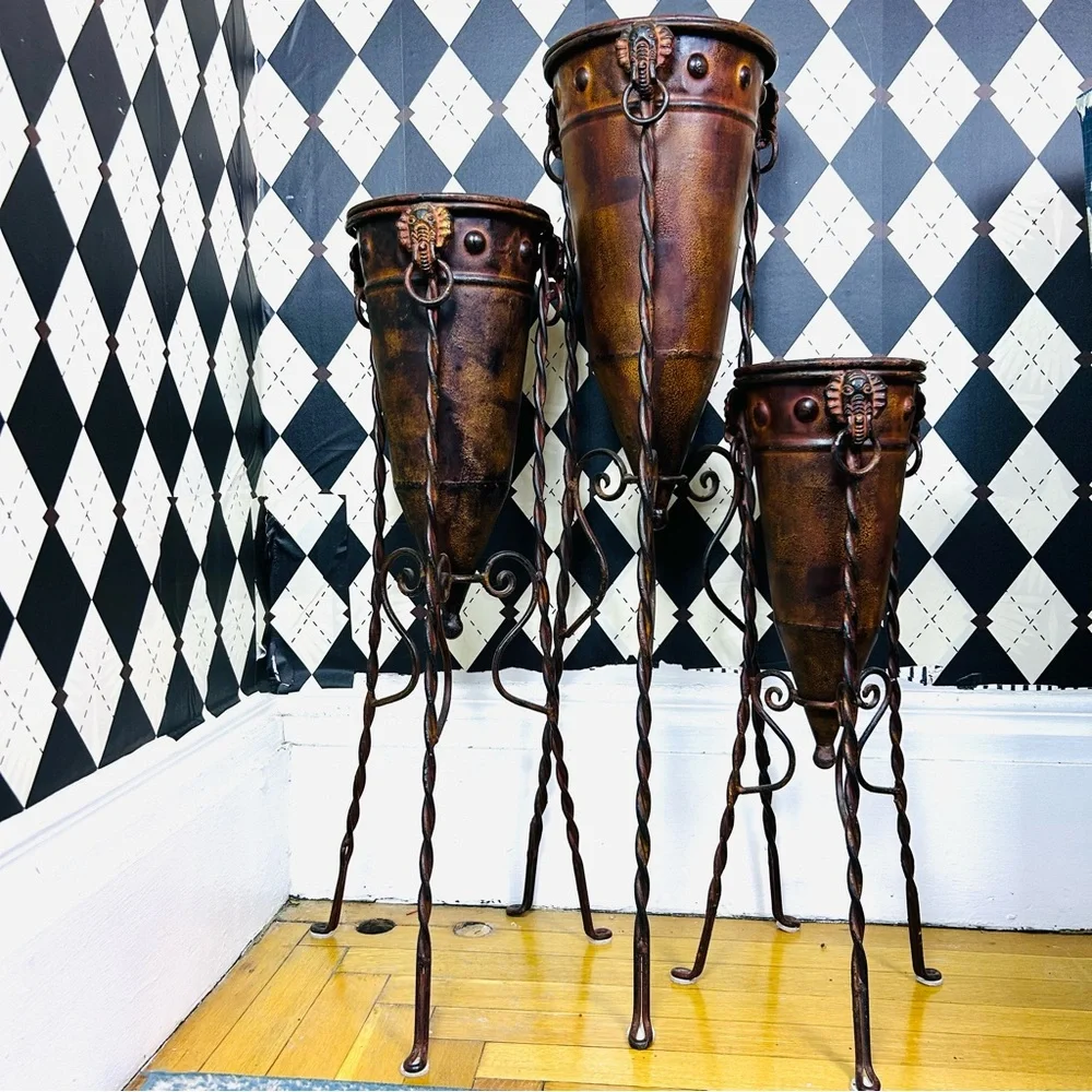 Primitive-Modern Sculptural Floor Vessels Totemic Metal Forms on Forged Stands‎ - Picture 4 of 17